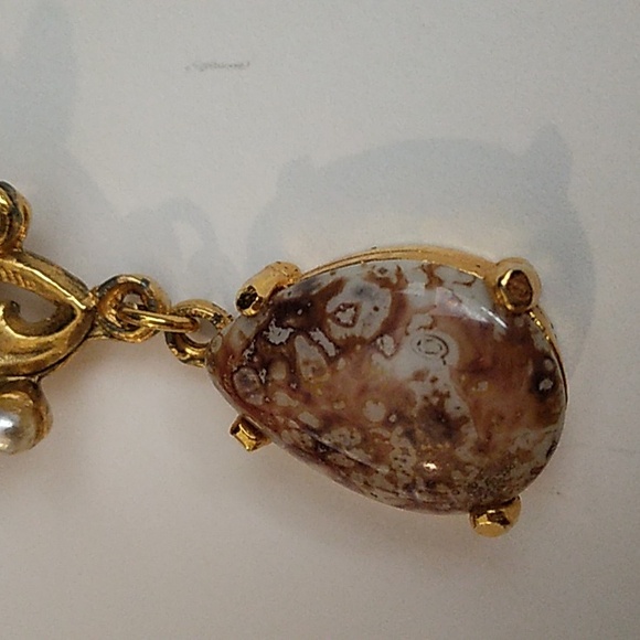 Vintage Gold and Brown Marble Brooch with Pearls - Picture 4 of 5